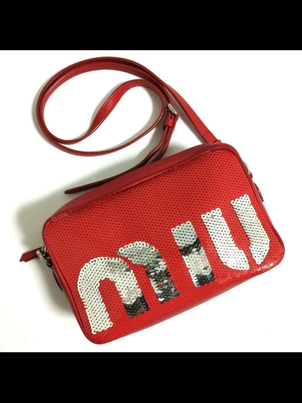 Miu Miu Red Sequin Logo Crossbody Bag